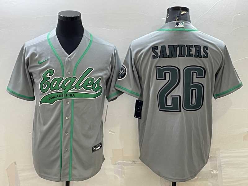 Mens Philadelphia Eagles #26 Miles Sanders Grey With Patch Cool Base Stitched Baseball Jersey